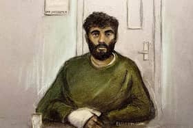 Court artist sketch by Elizabeth Cook of Hassan Jhangur, appearing via video link from HMP Doncaster, during an earlier hearing at Sheffield Crown Court where he is charged with the murder of father-of-two Chris Marriott. Mr Marriott died after being hit by a car while trying to help a stranger in Sheffield. Jhangur is also charged with five counts of attempted murder. Image by Elizabeth Cook/PA Wire