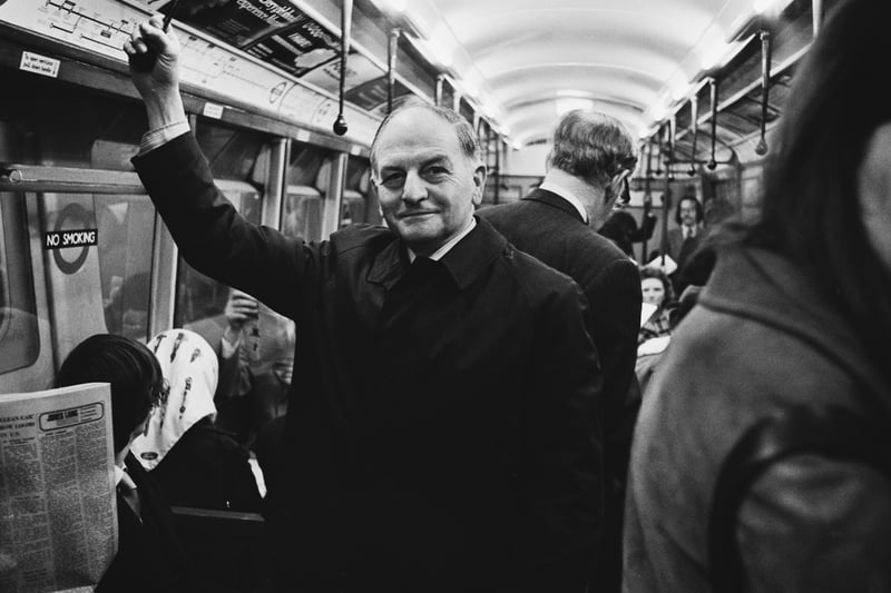Labour Party leader of the Greater London Council Sir Reginald Goodwin joins commuters on the Northern line.