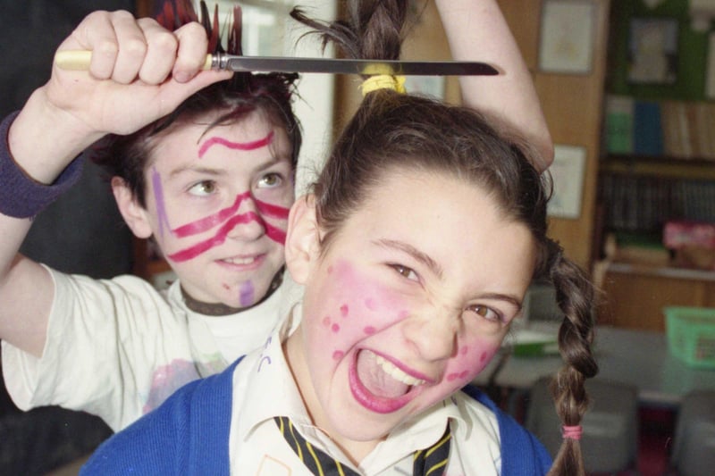 Mill Hill Primary School pupils were allowed to dress up for a fundraising day in January 1992 but they had to pay for the privilege. 
Here are Anthony Mustard and Melissa Wimsett, 11, enjoying the day.