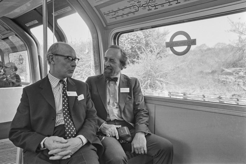 Greater London Council deputy leader Horace Cutler and GLC's London Transport Executive Sir Richard Way taking a ride on the Northern line.