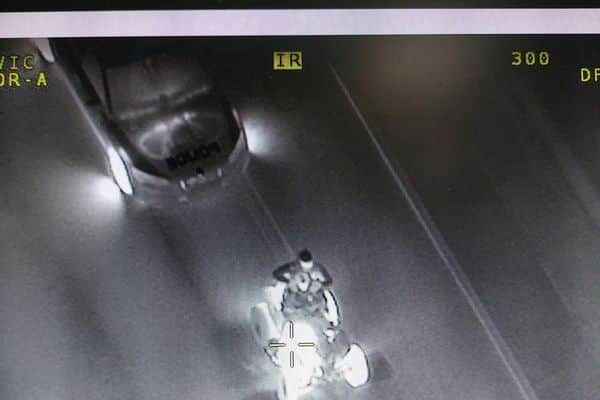 Two men were arrested after police chased a speeding quad bike through Thornton, Blackpool and Poulton on Sunday.
The police helicopter joined the search for the pair, with the pursuit beginning at the BP petrol station in Fleetwood Road North.
The speeding quad was chased as it headed towards Blackpool - weaving in and out of traffic as the police chopper gave chase using its night vision camera.
The chopper shone its spotlight on streets and fields as the chase continued into the early hours before the quad bike was brought to a stop near Baines School in High Cross Road, Poulton.
Lancashire Police said two suspects, aged 22 and 18, were arrested and taken into custody for interview.
A spokesperson for the force said: “A 22-year-old man and an 18-year-old man are in custody on suspicion of dangerous driving, criminal damage and possession of an offensive weapon.”