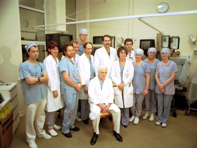 Professor David Carter, seated, with the liver transplant team at Edinburgh Infirmary, November 1992.