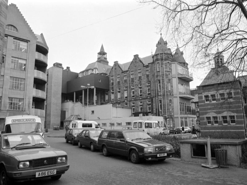 Some of the hospital buildings at the Royal Infirmary in Lauriston Place, January 1989.