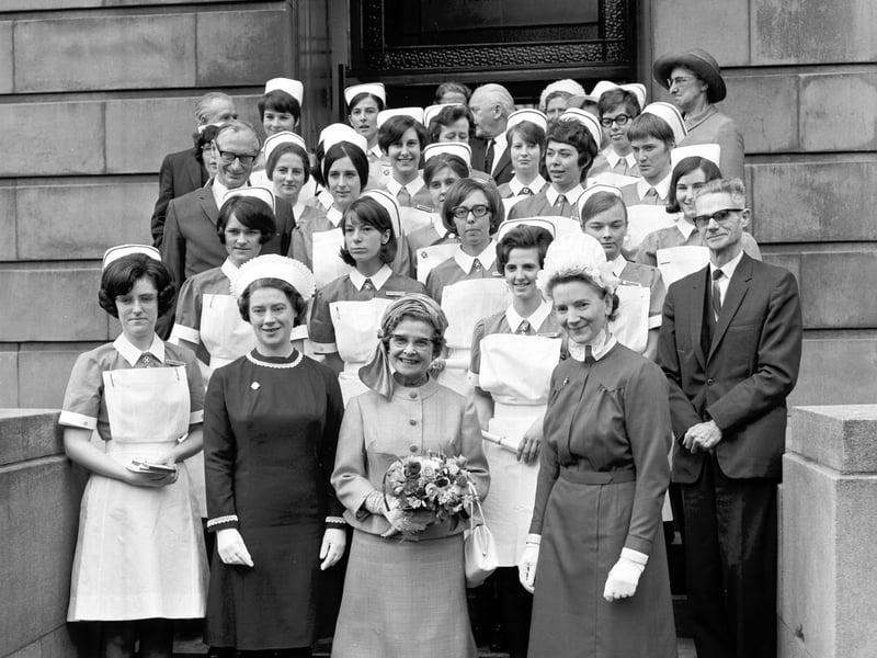 Veteran Sottish Labour politician Peggy Herbison at the Royal Infirmary in May 1970 to present prizes to Florence Nightingale nurses. Also in the picture Miss Cullan, right, superintendent, and Miss Muriel Shinie, left, principal nurse tutor.