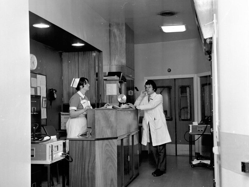 A doctor and nurse at the Coronory Care Unit reception desk in the Royal Infirmary Edinburgh in January 1973.