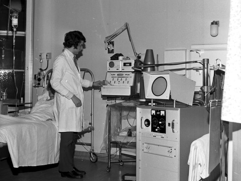 A doctor in one of the Coronary Care Unit wards of the Royal Infirmary in January 1973.