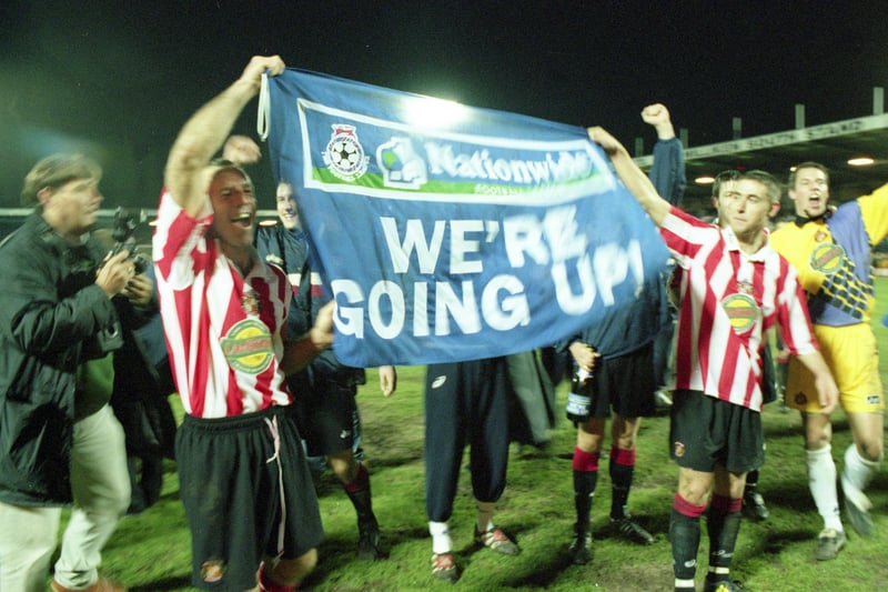Kevin Ball and Chris Makin celebrate Sunderland's promotion at Bury.