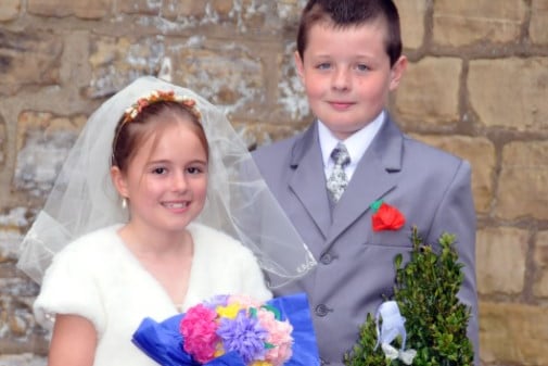 Chloe Aiston 10, and Lewis Massey 9, of South Hetton Primary School 'tied the knot' at a mock wedding ceremony in Holy Trinity Church, South Hetton.