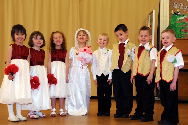 Bride and groom Jessica Bonsall-Power and Luke Hepworth were joined by their wedding party from Hetton Primary School at Hetton Methodist Church in 2011.