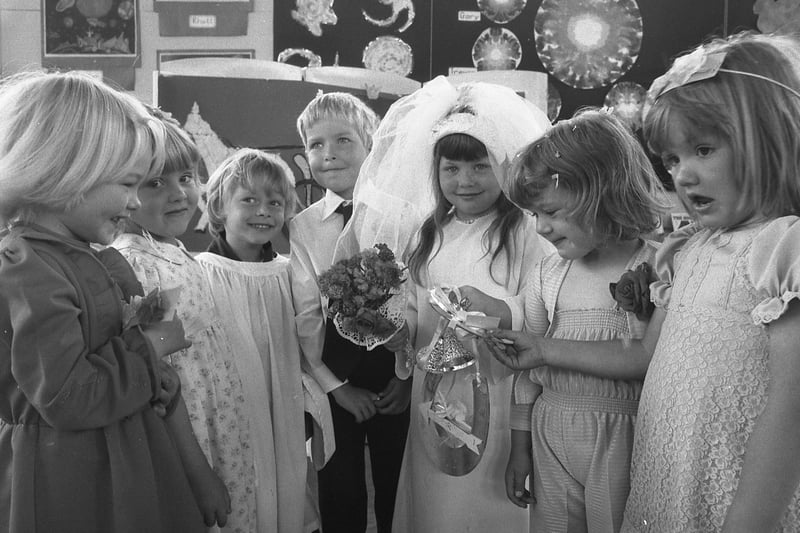 Wedding bells were ringing in Gillas Lane Infants School, Houghton in 1981. 
Some of the youngsters who took part were, left to right, Denise Bell, Michelle Wilson, David Pattison, Ian Wilson, Debbie Scotter, Lindsey Harkins, and Tracey Forth. 