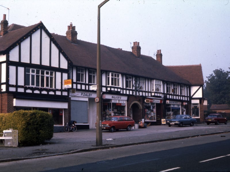 Shops on Stonegate Road between Parkland Crescent and Parkland Drive in 1977. They include P. Dalby, Walker’s, Spar and a Post Office.