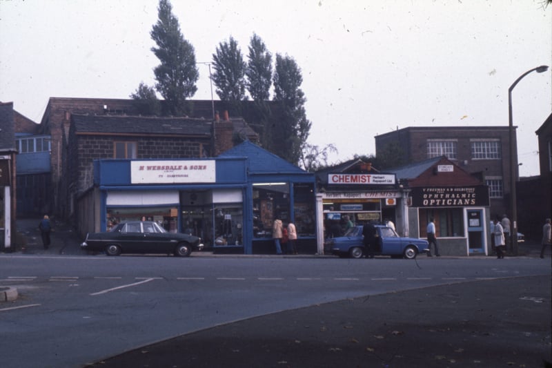 A row of shops on Stonegate Road, seen from Green Road. in 1977. To the left is H. Websdale & Sons, TV & Electrical, followed by Herbert Rapaport Ltd., Chemist. On the right is V. Freeman & D. Goldstone, Ophthalmic Opticians. 