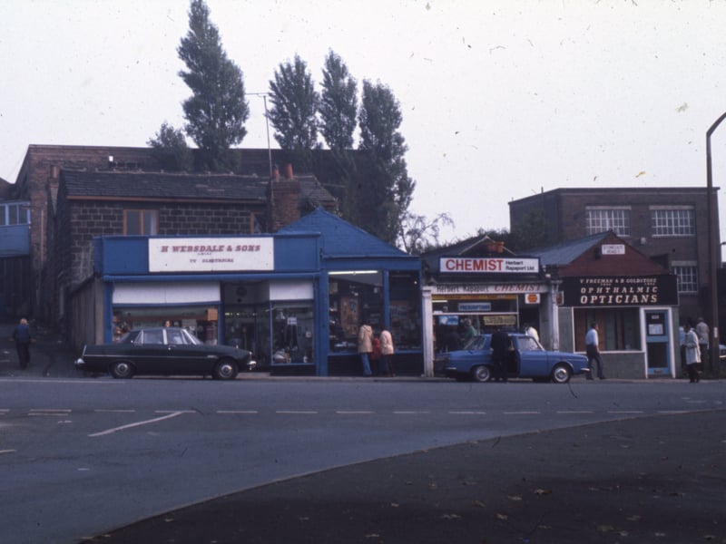 A row of shops on Stonegate Road, seen from Green Road. in 1977. To the left is H. Websdale & Sons, TV & Electrical, followed by Herbert Rapaport Ltd., Chemist. On the right is V. Freeman & D. Goldstone, Ophthalmic Opticians. 