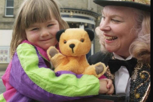 Four year old Rebecca Brown had a great time when she met Sooty at the Empire Theatre in May 1997.
Here they are with Connie Creighton.