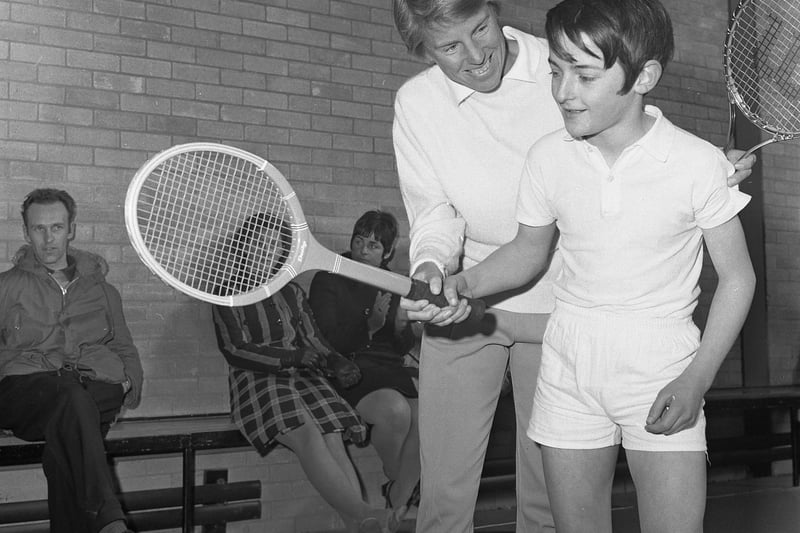 Wimbledon champion Ann Haydon Jones gave some hints to St Aidan's Grammar School pupil Paul McKenna when she visited Sunderland in March 1970.