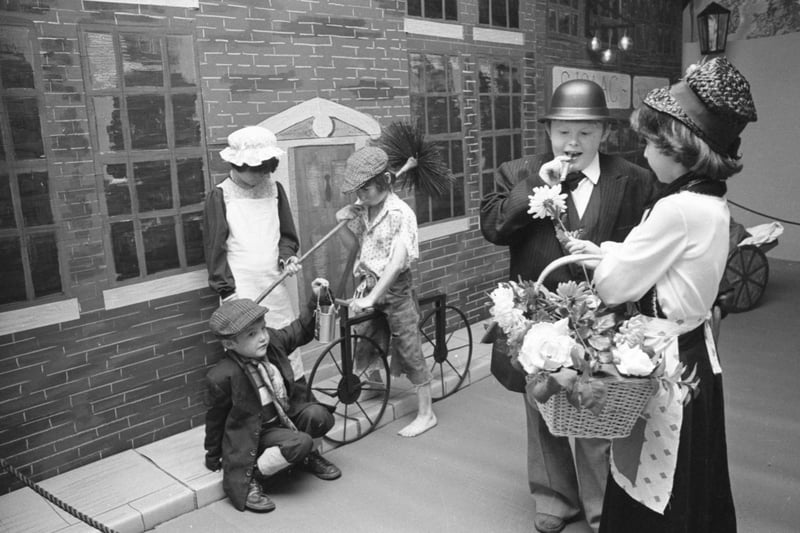 To celebrate High Southwick Junior School's 100th anniversary in 1977, the pupils arrived at school dressed in costume from the previous century. 
Here are, left to right: Terry Hackett, 7; Susan Cole, 9; Andrew Davison, 8; David Friar, 11; and Gillian Green, 9.