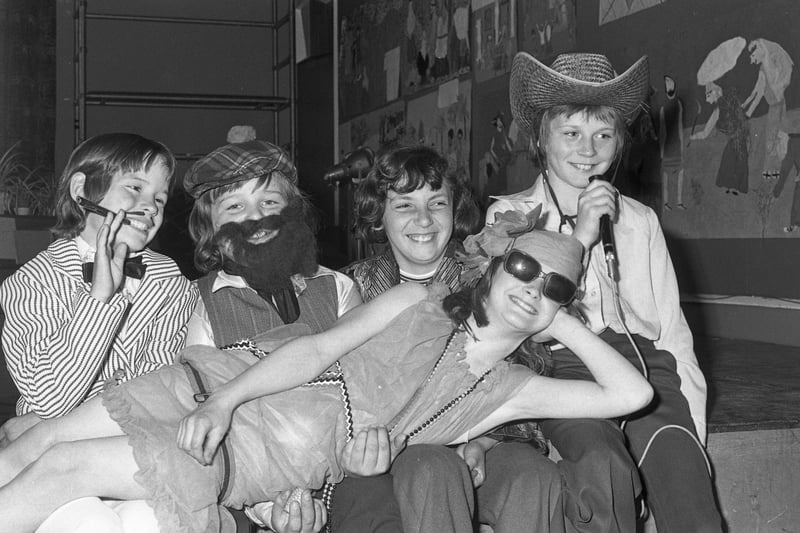 Red House Primary School's production of Joseph and the Amazing Technicolour Coat had a great cast in May 1976. Left to right are: Darren Mallefont, Colin Goland, Robert Anderson, Stephen Jobling, and Julie Leadbitter, front.