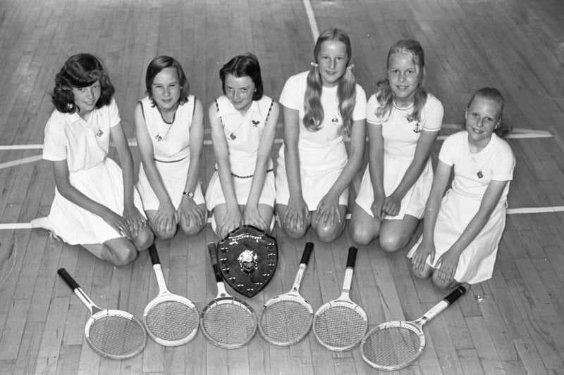Thornhill Secondary School won the First Year League Trophy in tennis in July 1974. 
Here are, left to right: Clare Auld, Jacqueline Davis, Valerie Rutter (captain), Deborah Cook, Linda Watson and Ann Waller.