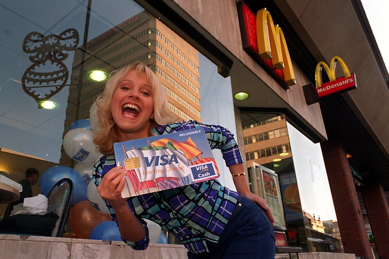 Emmerdale star Malandra Burrows, who played Kathy Glover, launched Visa Cash - a new way to pay for low value , everyday items  at McDonalds restaurant. in October 1997.