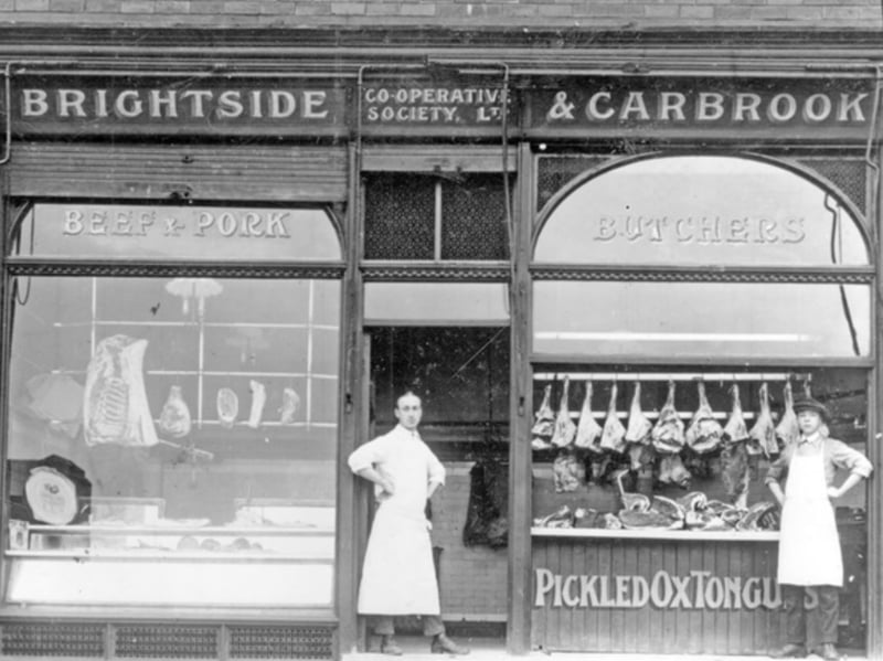 The butchery department of the Brightside and Carbrook Co-operative Society Ltd's Shiregreen branch on Bellhouse Road, Sheffield, some time between 1900 and 1919