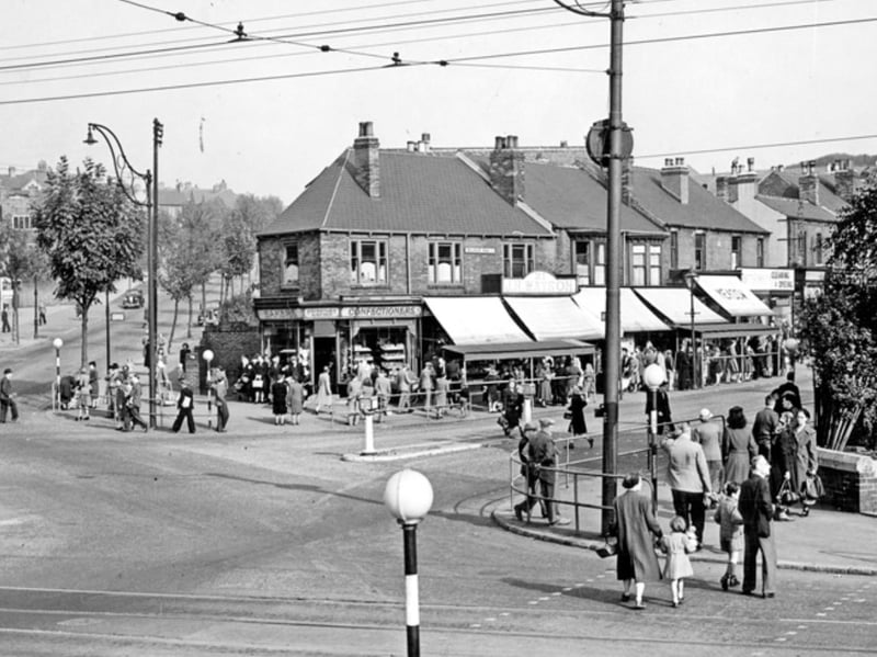 Shops on Bellhouse Road, Sheffield, in 1947, including Priestley and Styan bakers and Jsph. H. Watson butchers