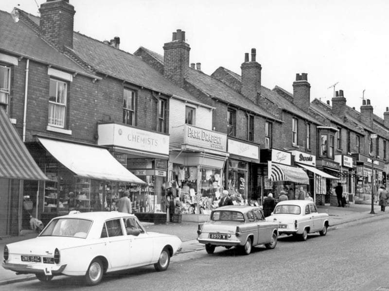 Bellhouse Road, Sheffield, in 1965, showing shops including Co-op Chemists, Park Drapery Store, Wilsons, Taylor's, Broom's, \nd A. Collins