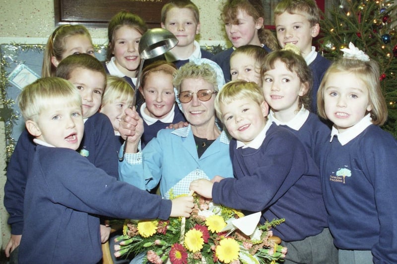 Cissie Clark hung up her ladle at Thorney Close Primary School after 20 years of dishing up school dinners in December 1995. 