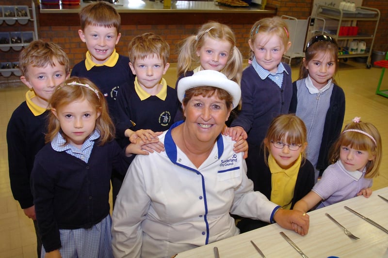 Members of Fulwell Infants School council with school cook, Jean Jackson who was retiring after 26 years in May 2011.