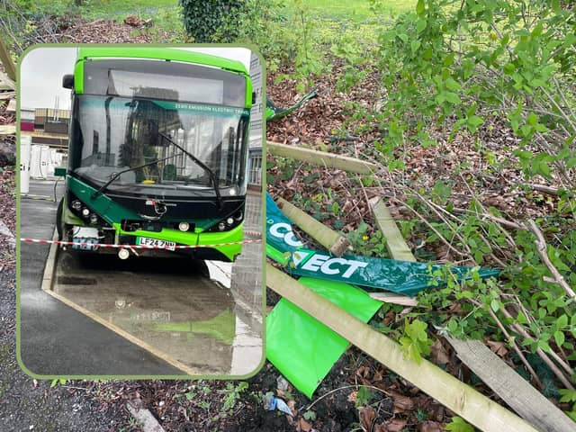 One of Sheffield's new Sheffield Connect free buses was reported stolen and damaged last night,. Main picture shows debris left where the bus was found. Inset is the bus