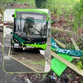 One of Sheffield's new Sheffield Connect free buses was reported stolen and damaged last night,. Main picture shows debris left where the bus was found. Inset is the bus