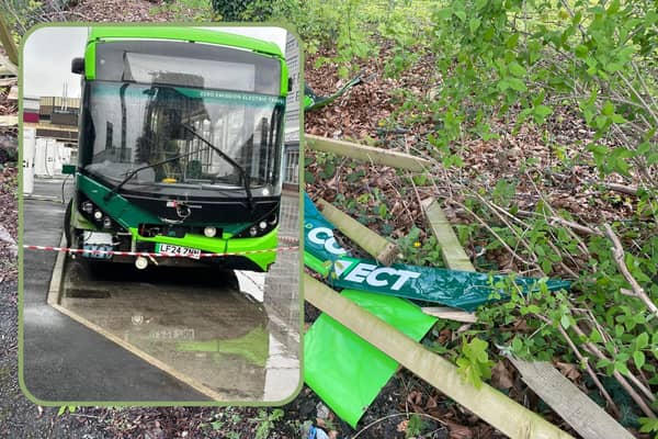 One of Sheffield's new Sheffield Connect free buses was reported stolen and damaged last night, and is said to have later been found abandoned in Killamarsh, north Derbyshire. Main picture shows debris left where the bus was found. Inset is the bus