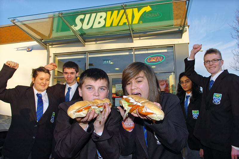 St Mary's Catholic High School pupils try out their competition winning "shop and drop" sandwich at the Poulton le Fylde branch of Subway. From left, Emma Mansfield, Michael James, Joe Campbell, Megan Weaver, Merin Thankachan and Jordan Taylor