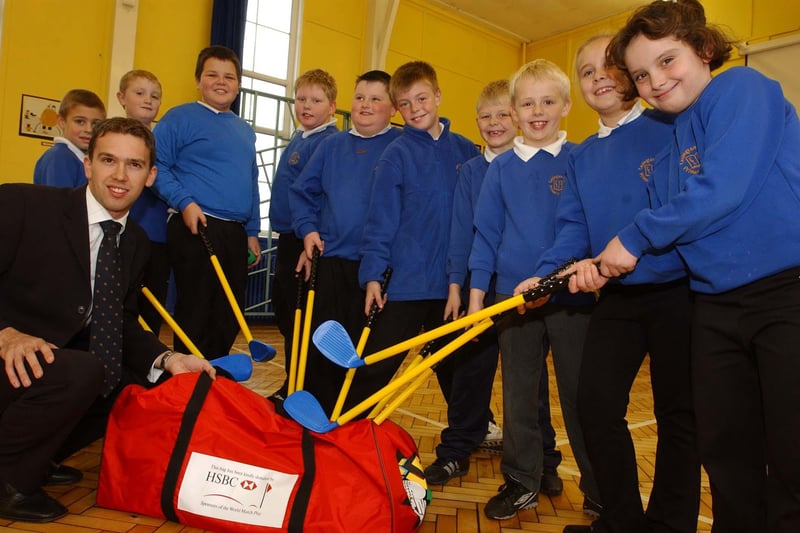 Steve Barella of HSBC got a round of applause from pupils of Easington Lane Primary School in 2003.
Steve donated a whole bag of children's golf equipment to the school.