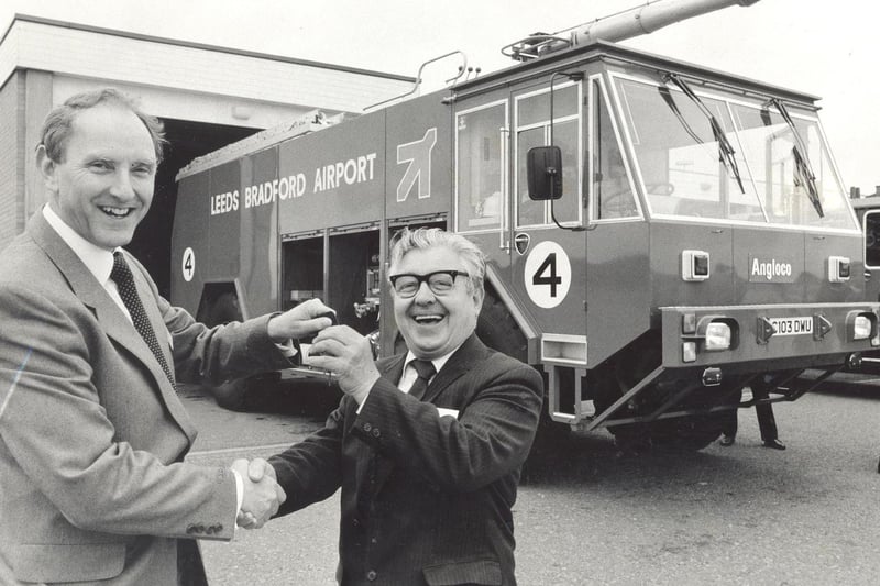 June 1986 and the airport took receipt of a new crash tender. Pictured is Bill Brown (left) managing director of Angloco handing over the keys to Coun Danny Coughlin, deputy chairman of Leeds Bradford Airport Joint Committee.
