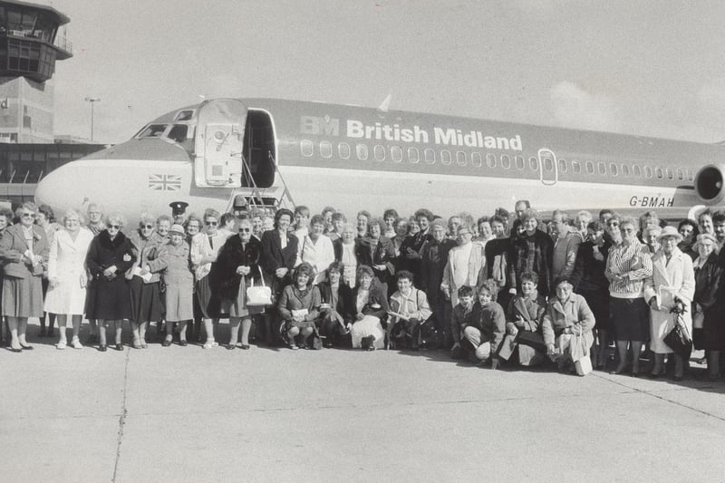 Lucky mums from all over Yorkshire are pictured at Leeds Bradford Airport in March 1987 ready for their Mother's Day flight arranged by your YEP.