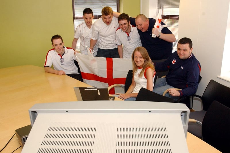 Workers at Budget in St Catherine's Court who got to watch England in Euro 2004 while in their office.
