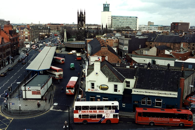 A bird's eye view of the Haymarket Newcastle upon Tyne taken in 1995. The photograph shows the Haymarket Bus Station in the foreground to the left and The Farmers Rest public house to the right.