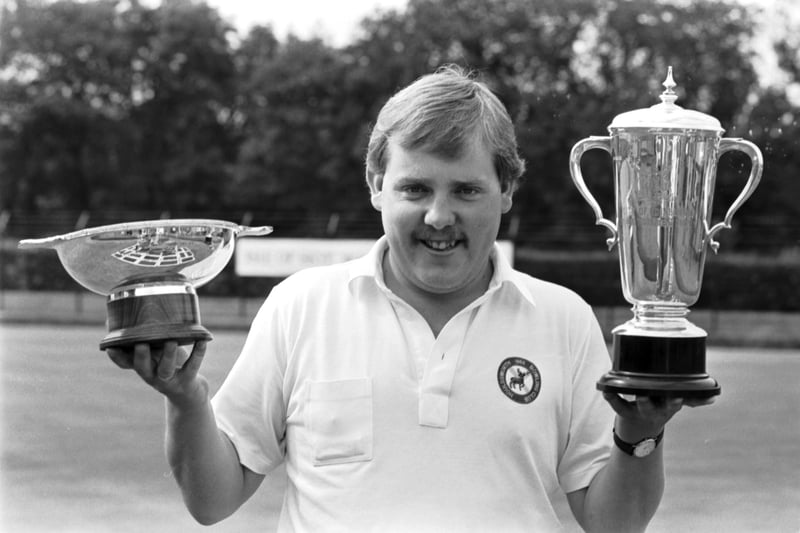 Scottish bowler Alex 'Tattie' Marshall  wins the Skye Scotch Whisky quaich and City of Edinburgh trophy at Balgreen bowling club in July 1990.