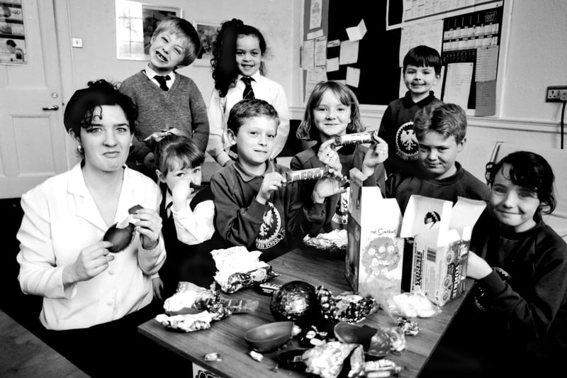 Children from Balgreen primary school in Edinburgh tested chocolate Easter eggs for the Evening News' Judith Woods (left) in April 1992.