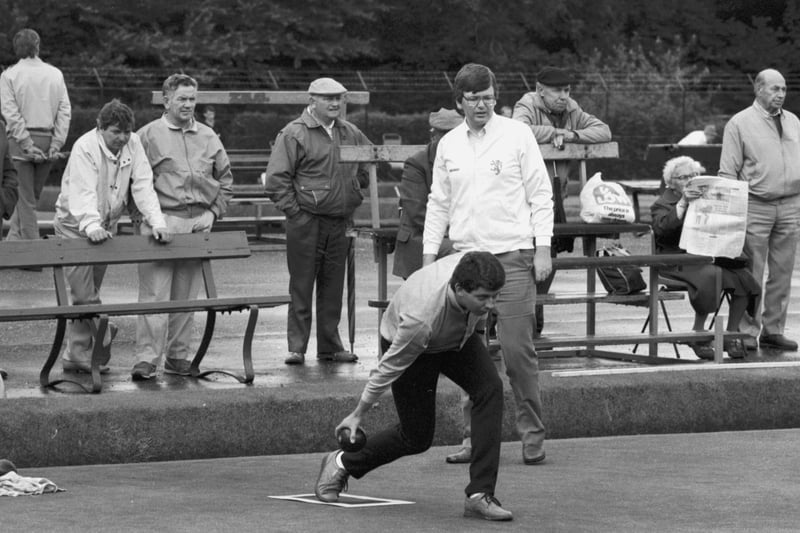 Champion bowler Richard Corsie in action (watched by John Aitken) during the pairs final of the City of Edinburgh bowling championships at Balgreen in July 1987.