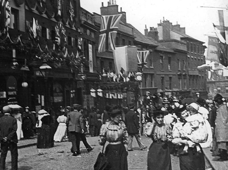 Sheffield is today England's fifth biggest city but it was only awarded city status back in 1893. High Street, in Sheffield city centre, is pictured here in that year decorated for the royal wedding of the Duke of York, later George V.