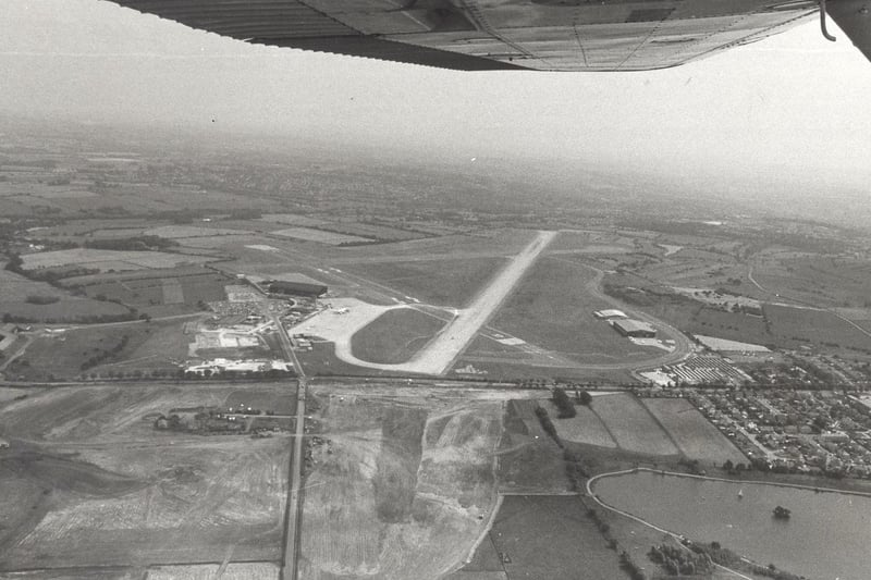 An aerial view of Leeds Bradford Airport showing the progress of the runway extension in August 1982.
