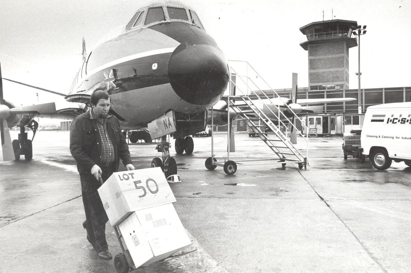 Cargo is unloaded in October 1981. Freight facilities at the airport were always busy in the early 1980s.