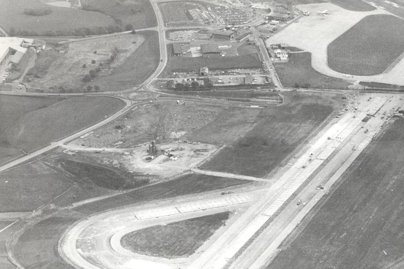 The runway extension at Leeds Bradford Airport from the air in May 1984.