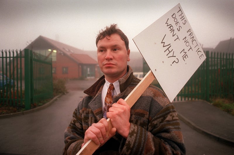 One man picketer. This is Trevor Wootton who was refused registration at Garden Surgery. He is pictured in December 1996.