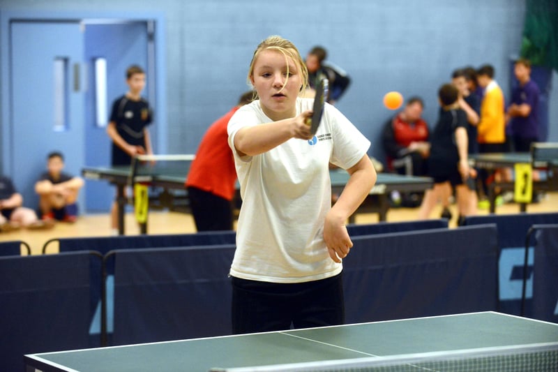 Here is a scene from the Sainsbury's School Table Tennis Finals at Sandhill View School in 2013. 
Jade Halliday from Oxclose School was serving.