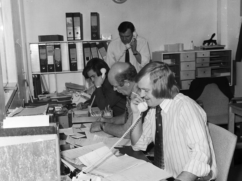 Detectives answering the phones in the World's End murders incident room at Fettes police headquarters in Edinburgh, October 1977.