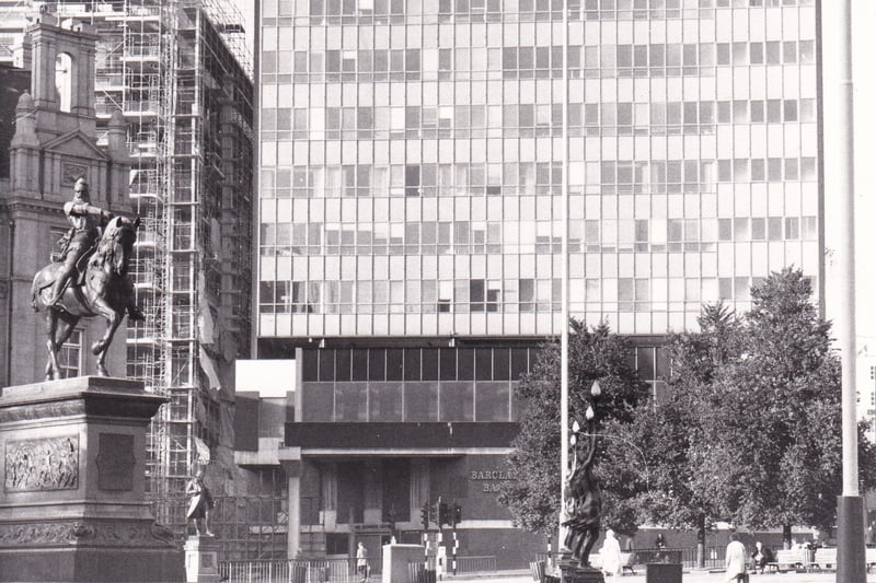 The Norwich Union building pictured in January 1983 with the Black Prince statue pointing the way on City Square.