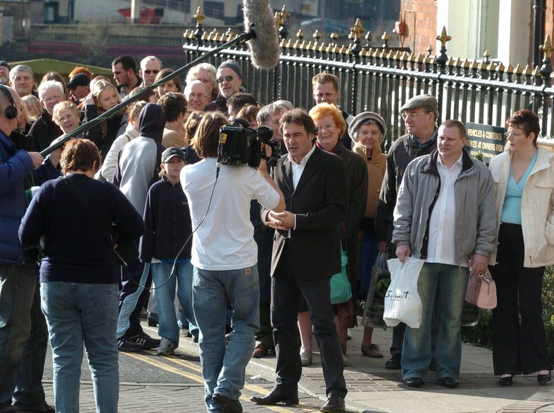 The Royal Victoria Hotel, Sheffield, where the BBC were filming Flog It. Seen outside the hotel, where presenter Paul Martin does a bit to the camera, in front of the crowd queueing to get into the event