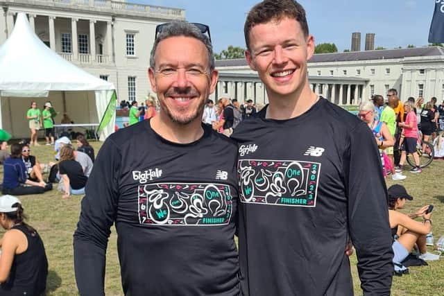 Connor Blundell, 25, (right) and dad, Chris, 57, are taking part in the London Marathon this weekend four years on from Connor's coma.
